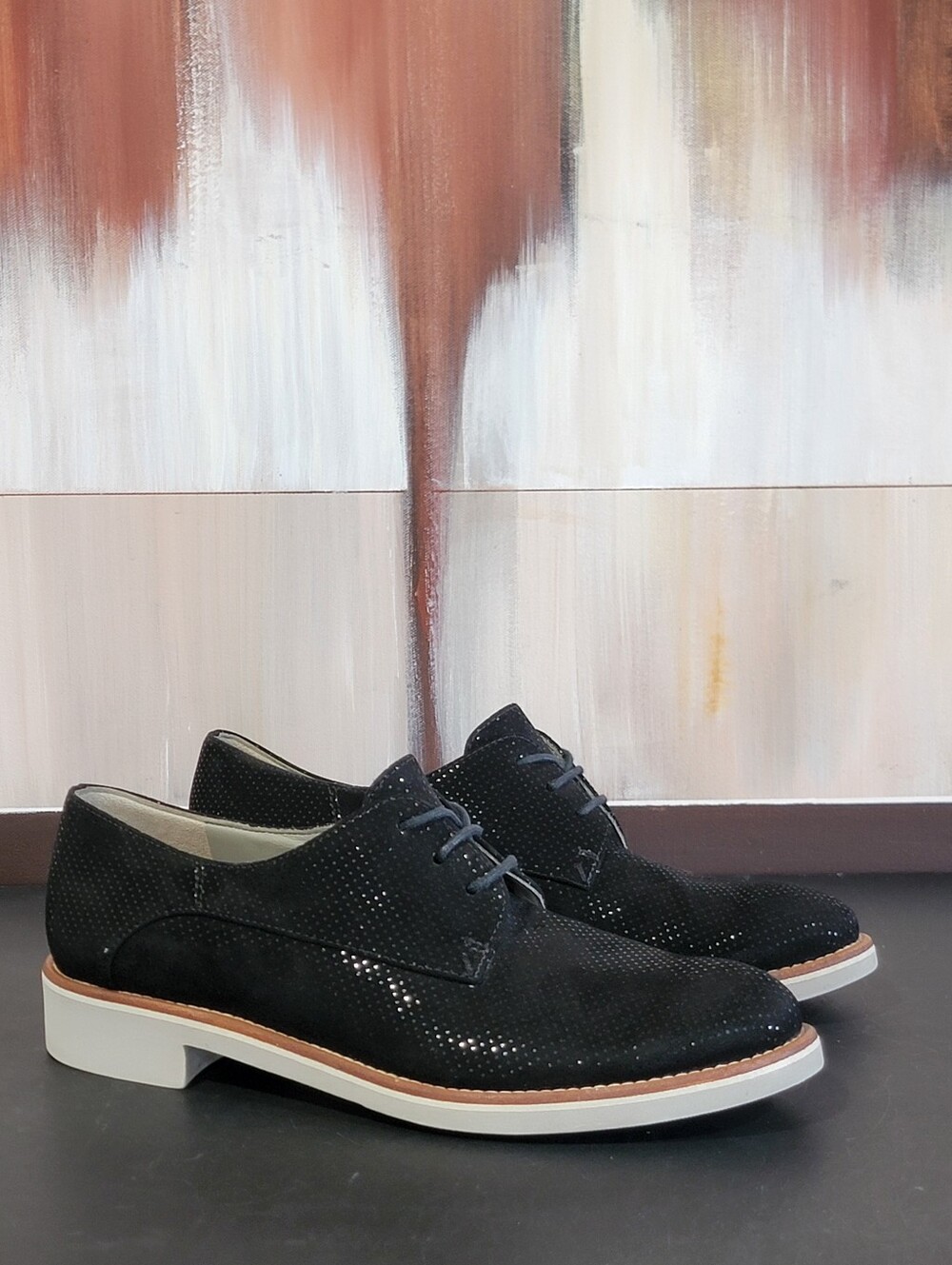 Paul Green Black Leather Lace Up Derby Dress Shoe White Sole 38.5/7.5